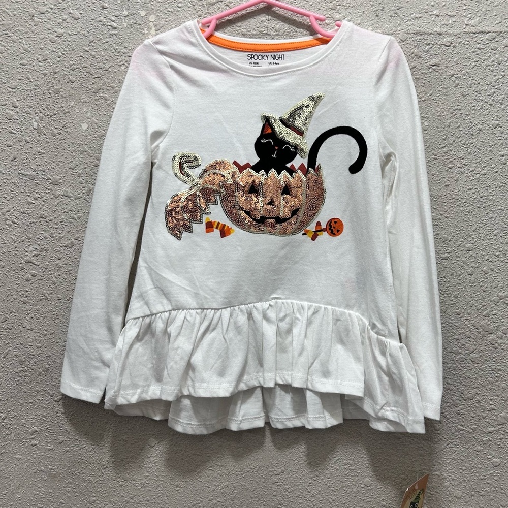 Spooky Night Girls Halloween Cat in Pumpkin Glitter Top NWT Size 4 XS